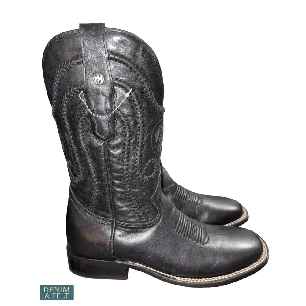 NEW Montana Black Leather Western Cowboy Boots Square Toe Ranch Rodeo US 9D Mens